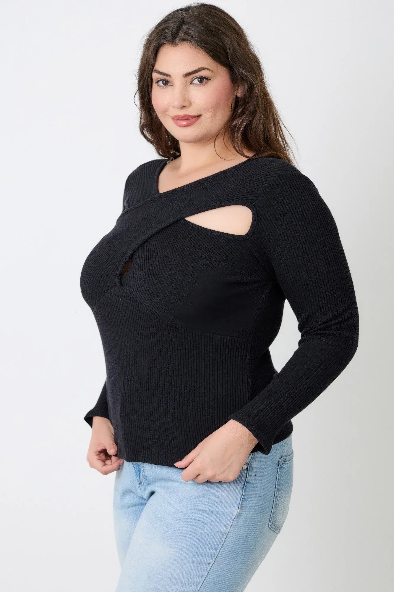 Plus Size Black Ribbed Cutout Long Sleeve Top | Mixtshop LLC