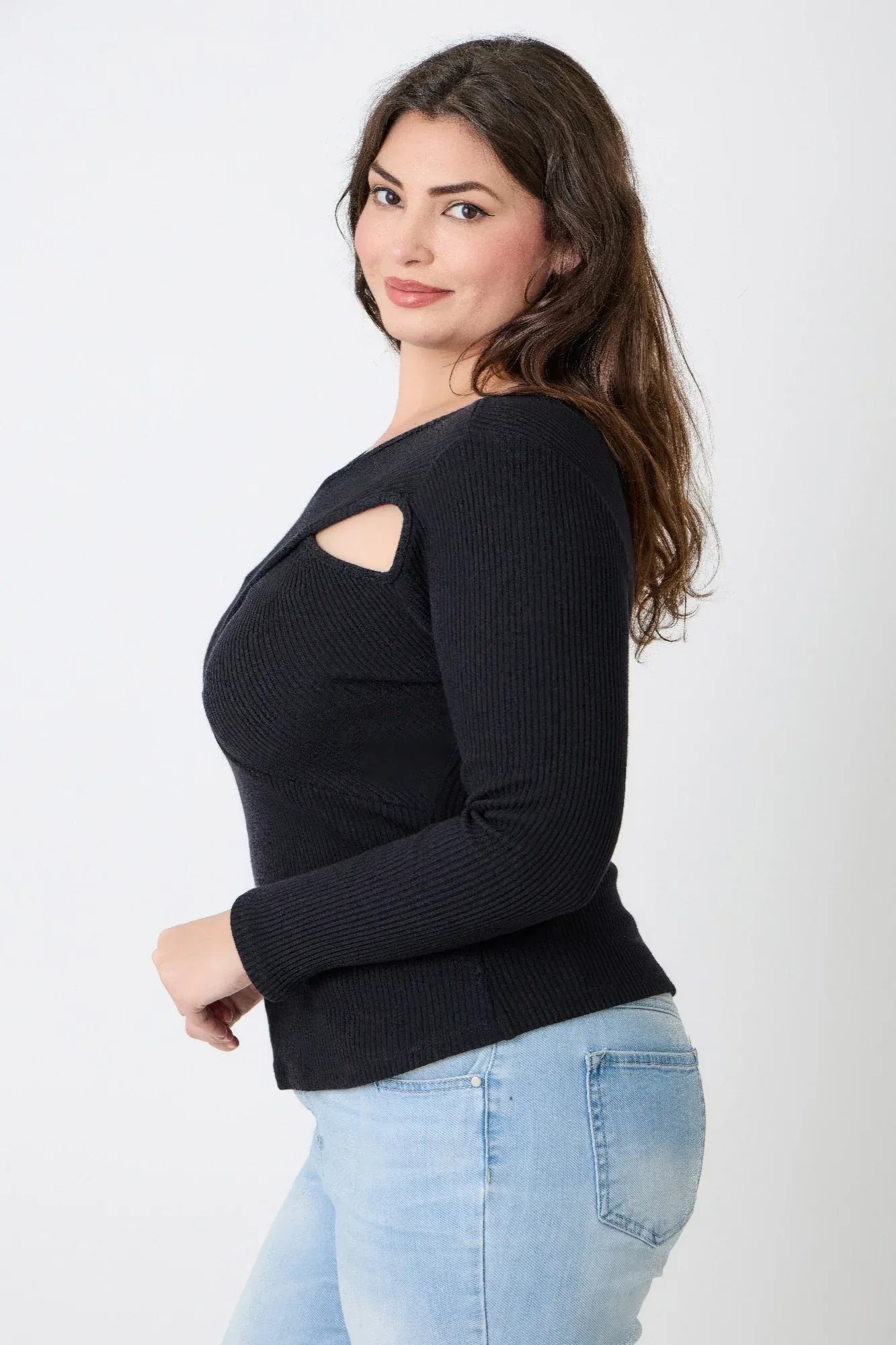 Plus Size Black Ribbed Cutout Long Sleeve Top | Mixtshop LLC