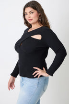Plus Size Black Ribbed Cutout Long Sleeve Top | Mixtshop LLC