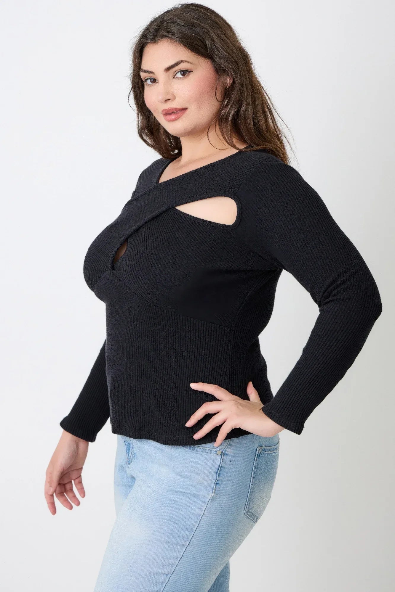 Plus Size Black Ribbed Cutout Long Sleeve Top | Mixtshop LLC