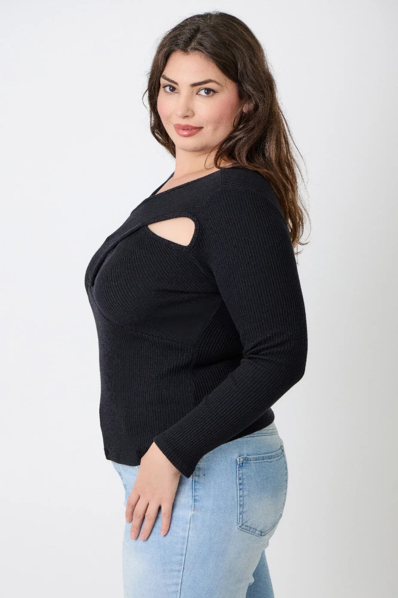 Plus Size Black Ribbed Cutout Long Sleeve Top | Mixtshop LLC
