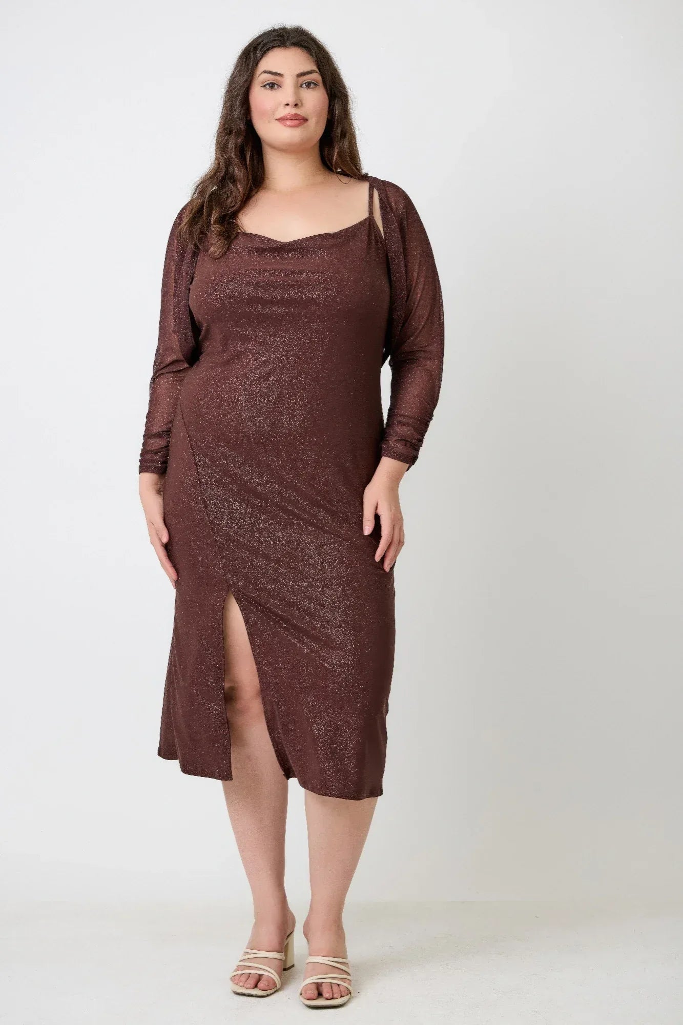 Plus Shimmer Midi Dress With Front Slit Dress Only | Mixtshop LLC
