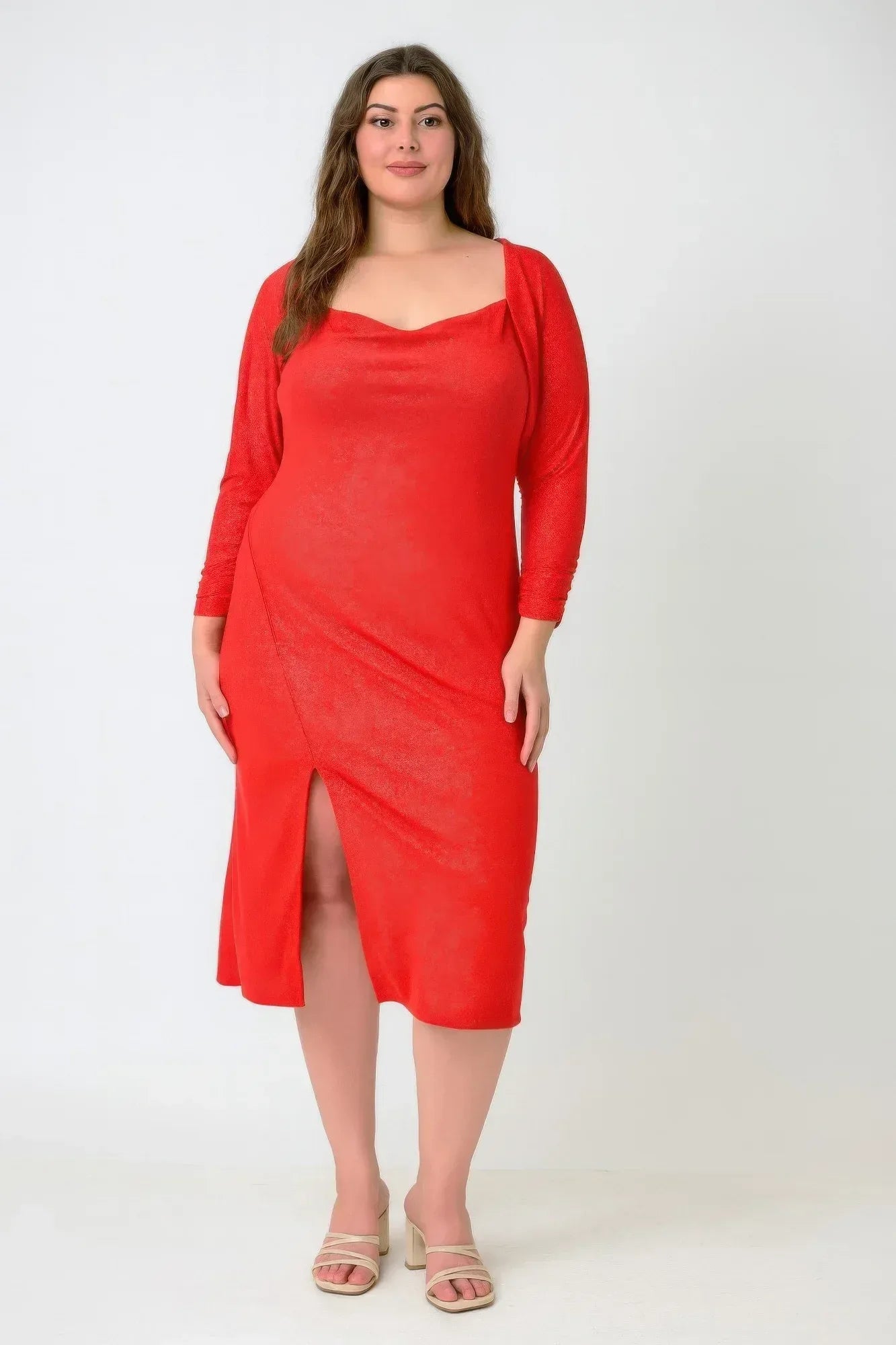 Plus Shimmer Midi Dress With Front Slit Dress Only | Mixtshop LLC