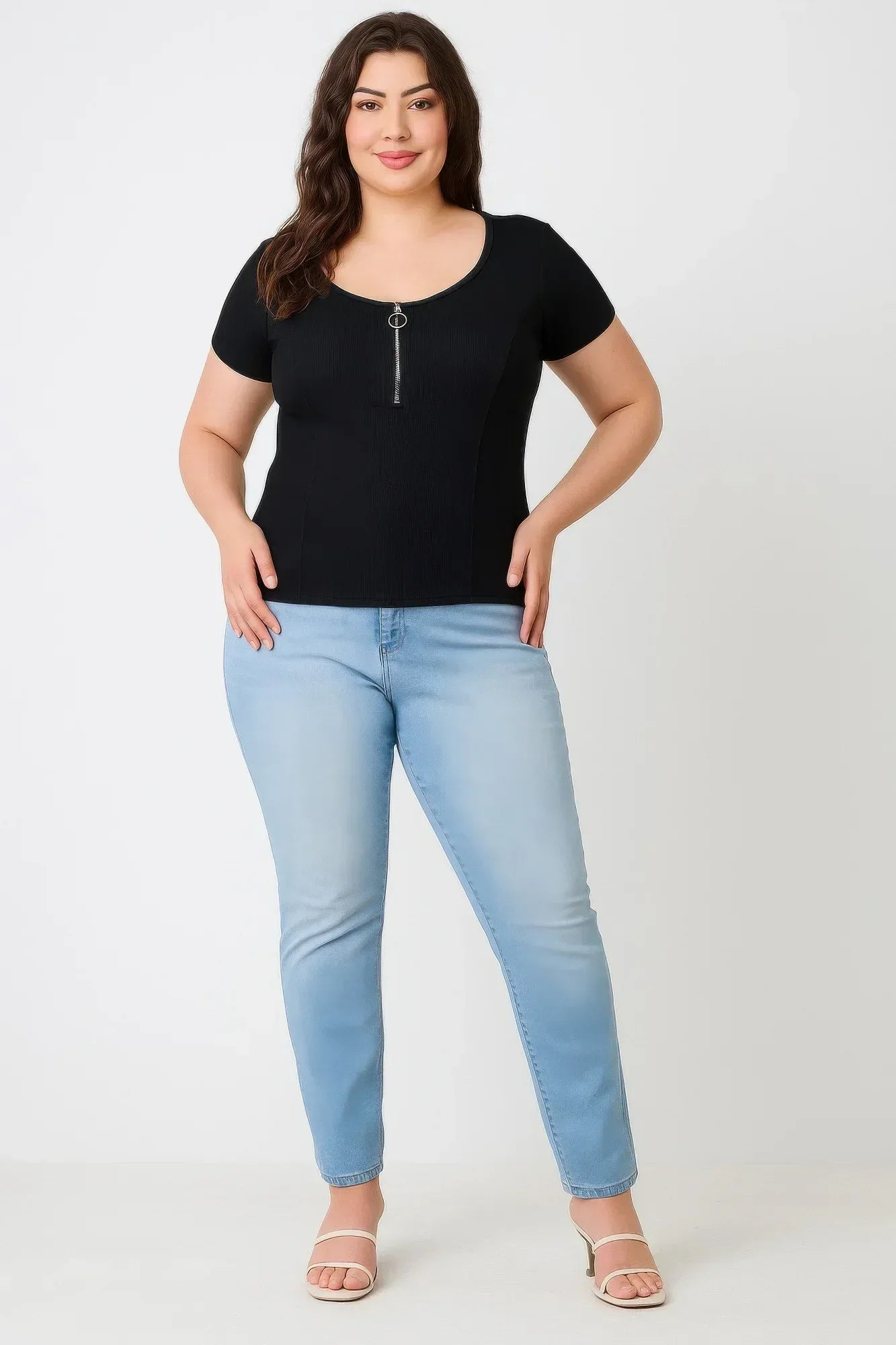 Plus Size Zip Front Fitted Stretch Top | Mixtshop LLC Main image