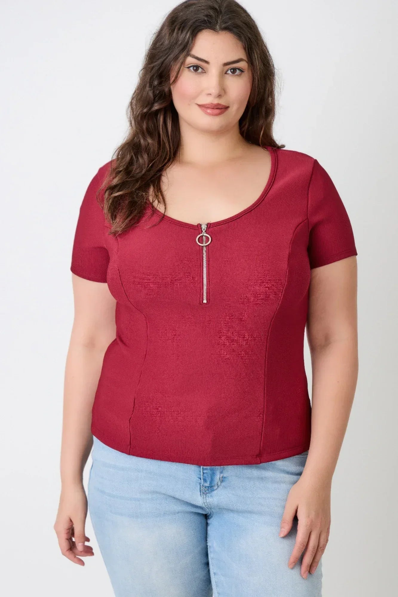 Plus Size Zip Front Fitted Stretch Top | Mixtshop LLC