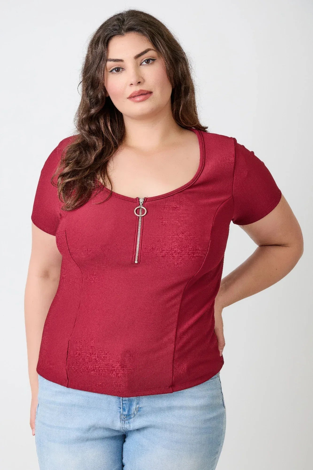 Plus Size Zip Front Fitted Stretch Top | Mixtshop LLC