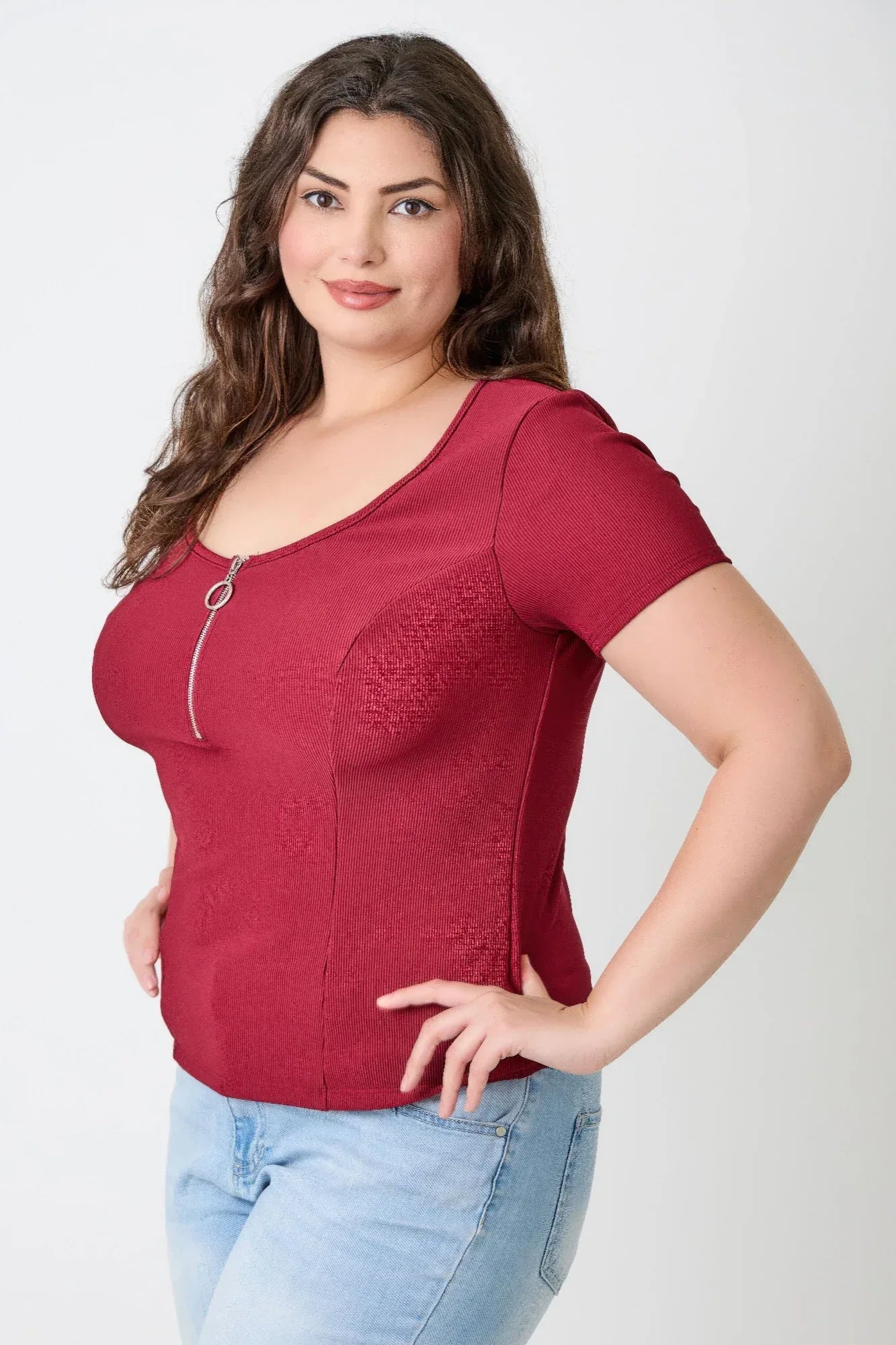 Plus Size Zip Front Fitted Stretch Top | Mixtshop LLC