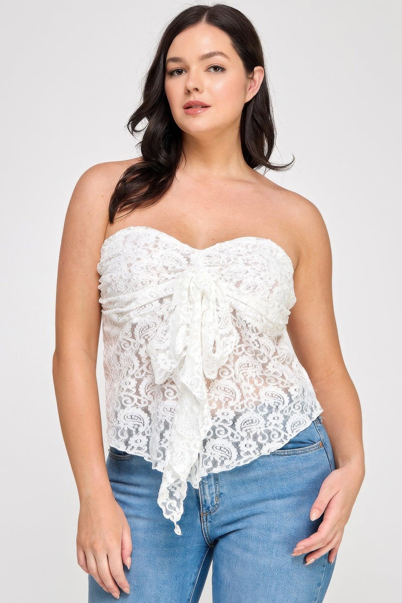 Plus Size Strapless Stretch Lace Bow Front Top | Mixtshop LLC