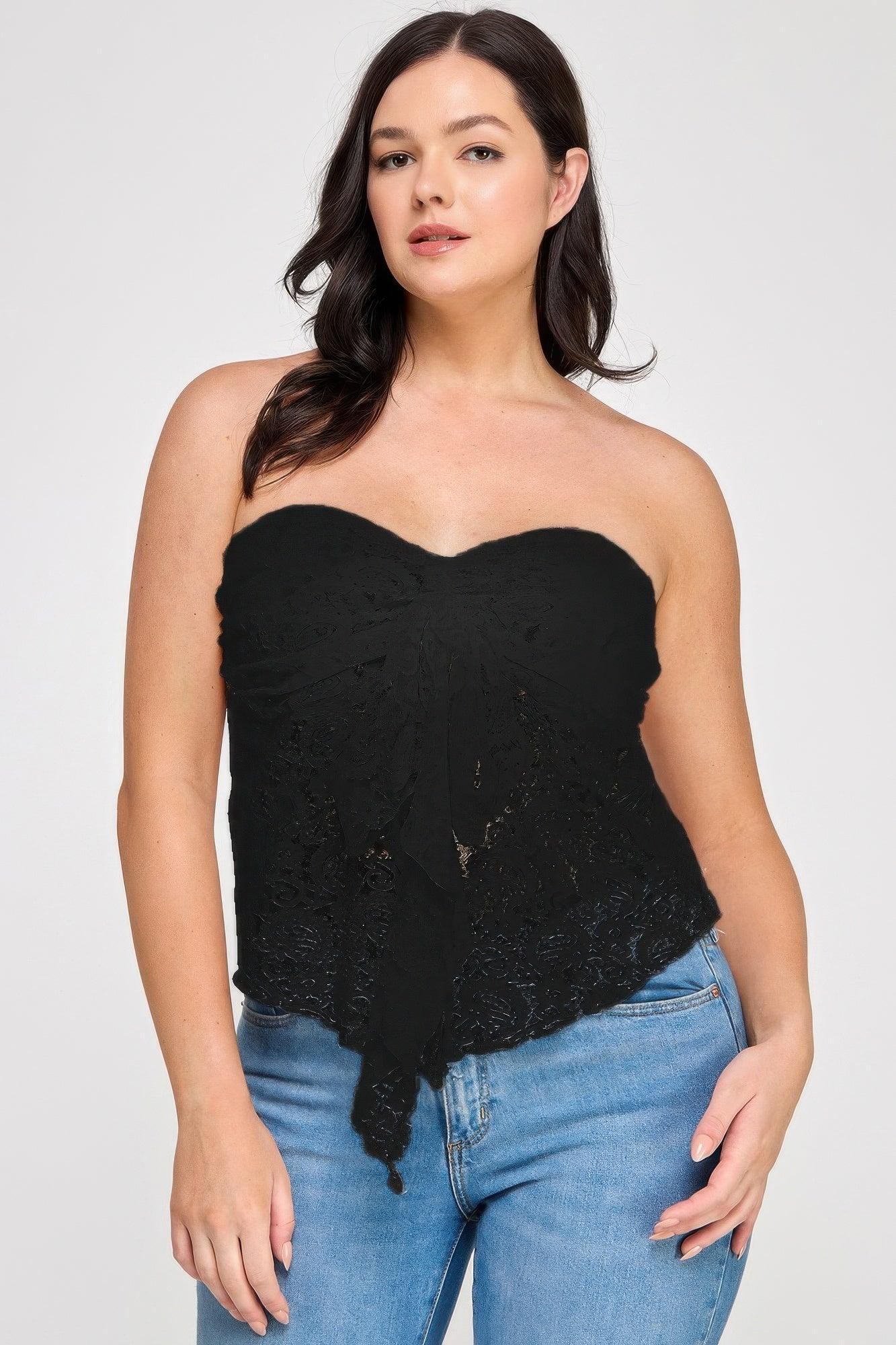 Plus Size Strapless Stretch Lace Bow Front Top | Mixtshop LLC