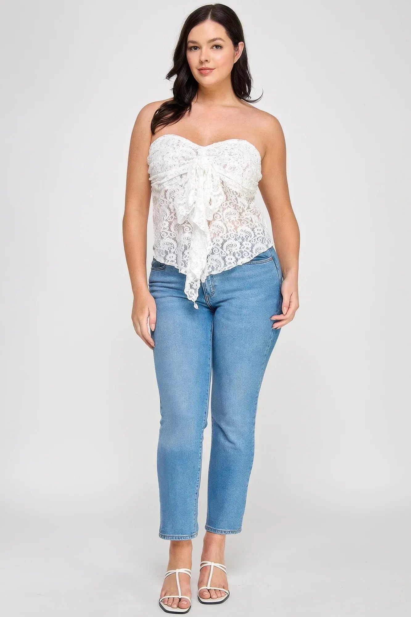 Plus Size Strapless Stretch Lace Bow Front Top | Mixtshop LLC