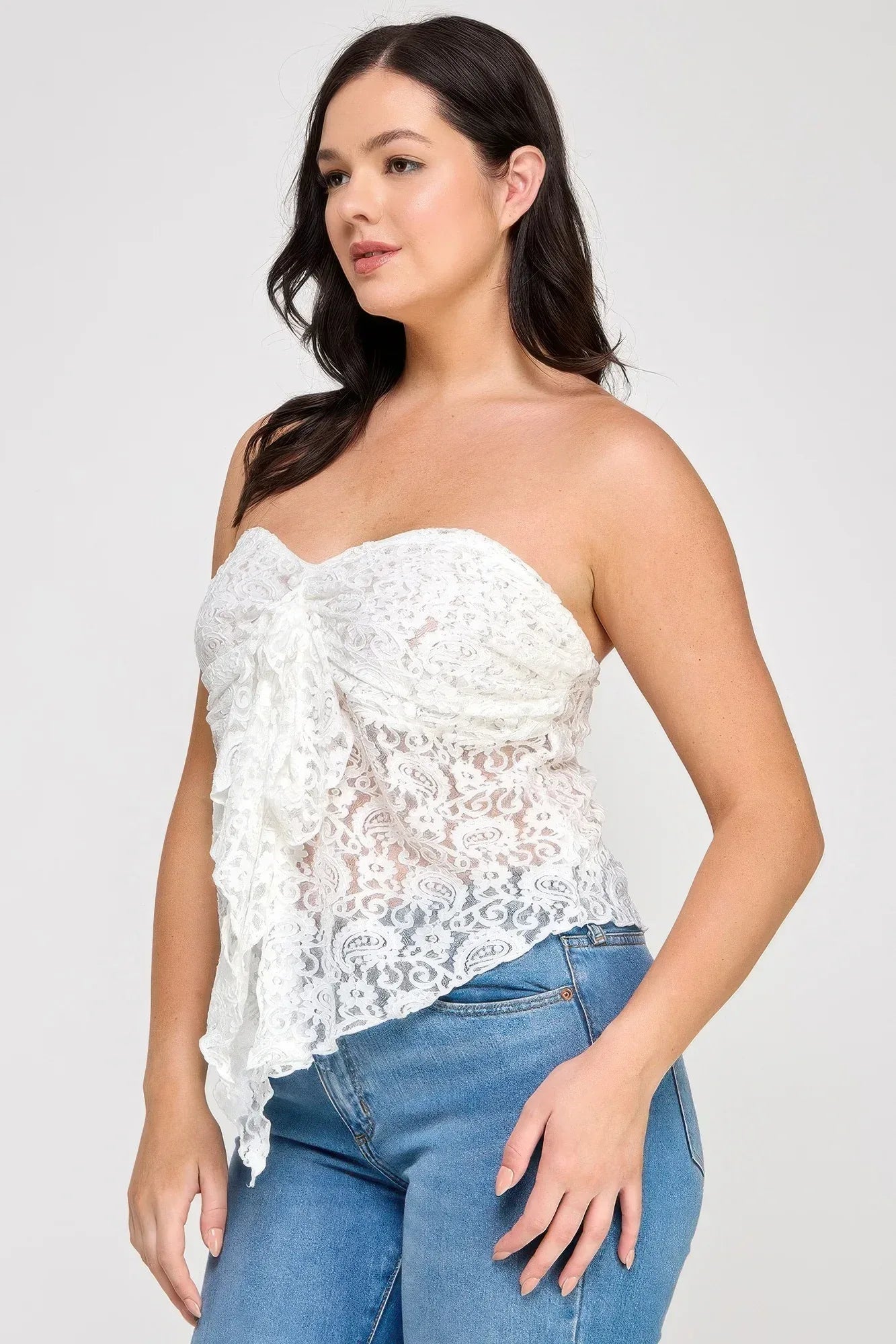 Plus Size Strapless Stretch Lace Bow Front Top | Mixtshop LLC