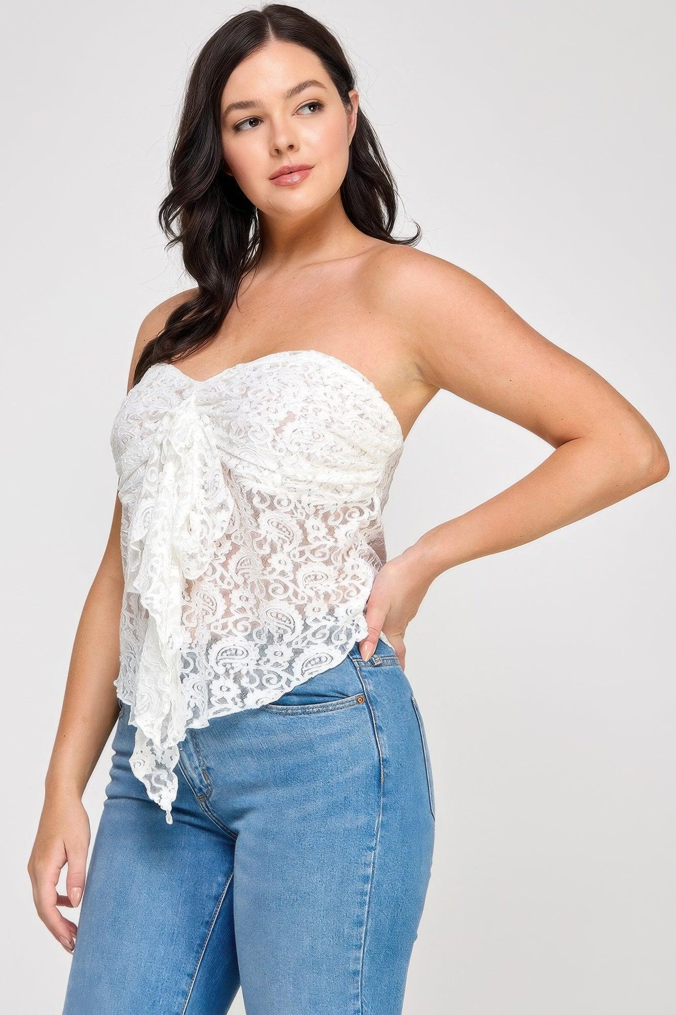 Plus Size Strapless Stretch Lace Bow Front Top | Mixtshop LLC