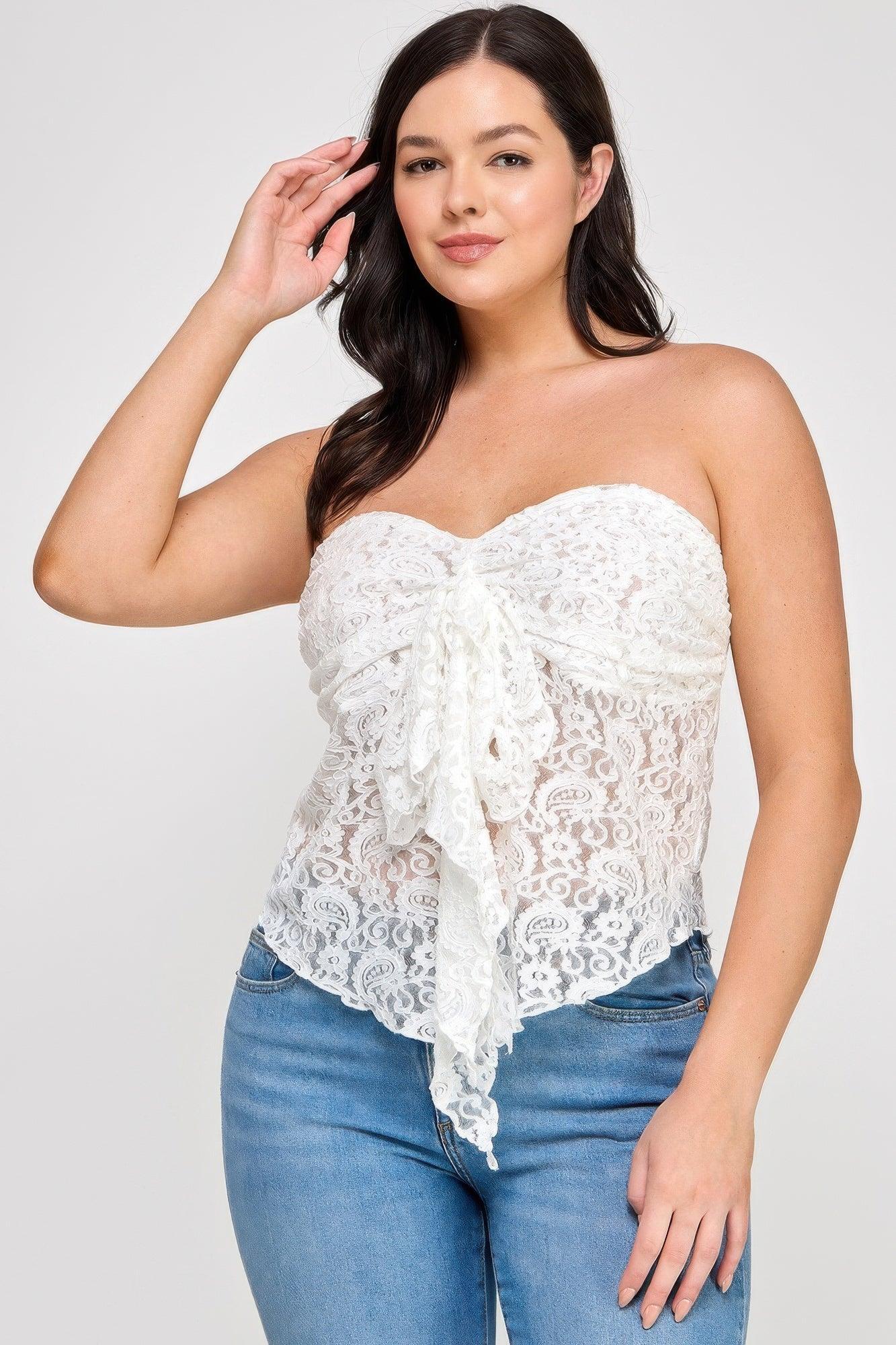 Plus Size Strapless Stretch Lace Bow Front Top | Mixtshop LLC