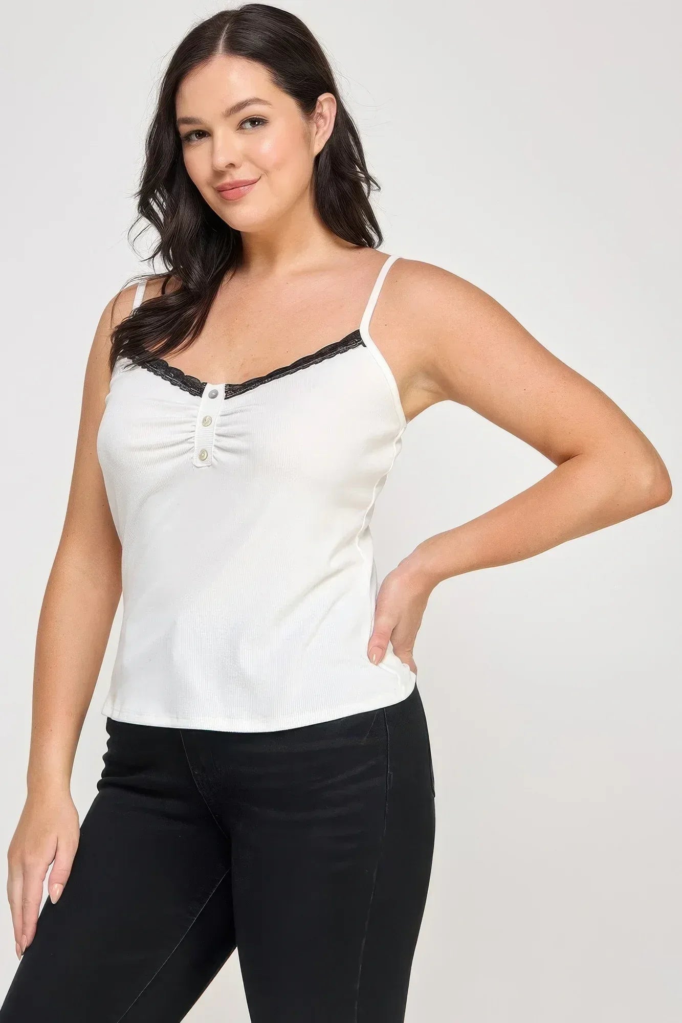 Plus Size Ribbed Knit Camisole With Lace Trim | Mixtshop LLC