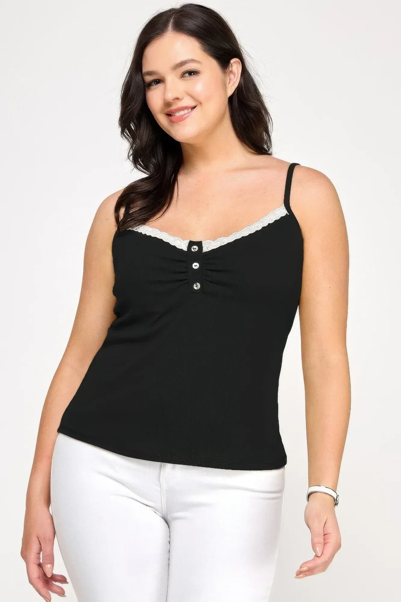 Plus Size Ribbed Knit Camisole With Lace Trim | Mixtshop LLC Main image