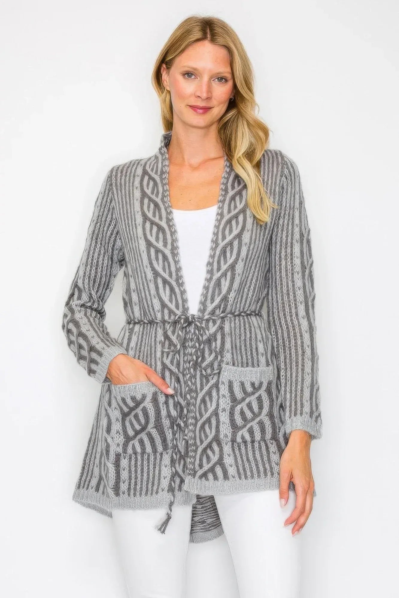 Open Wool Cardigan With Belt String & Front Pocket | Mixtshop LLC Main image