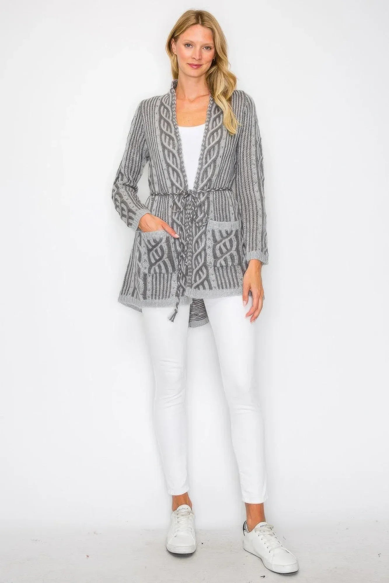 Open Wool Cardigan With Belt String & Front Pocket | Mixtshop LLC