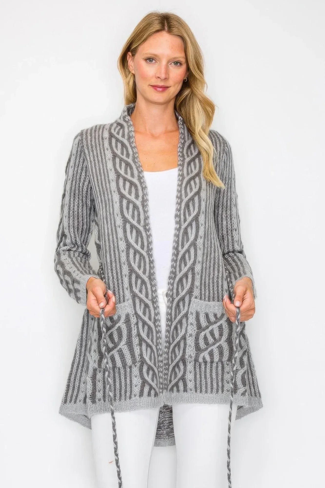 Open Wool Cardigan With Belt String & Front Pocket | Mixtshop LLC
