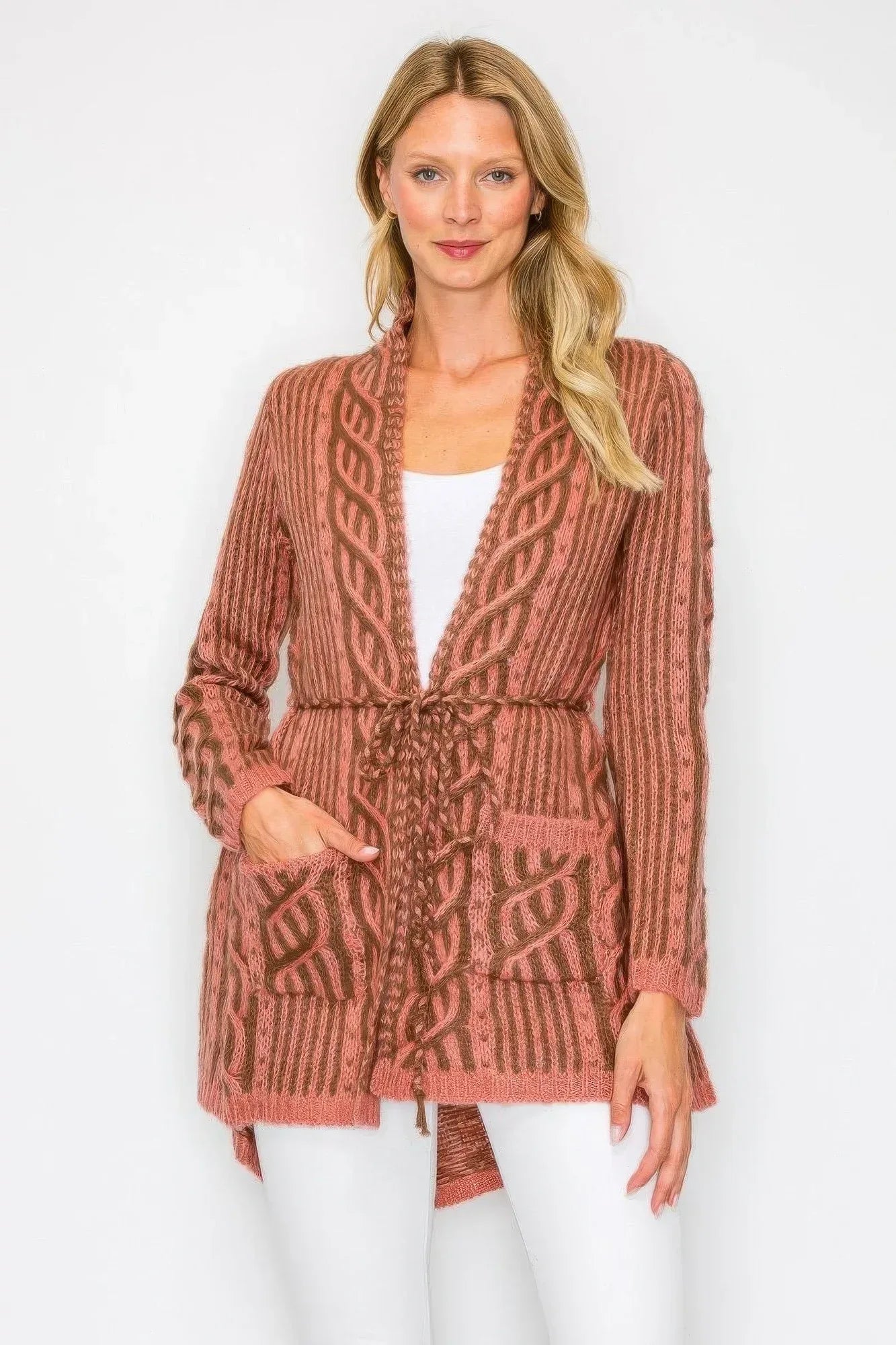 Open Wool Cardigan With Belt String & Front Pocket | Mixtshop LLC Main image