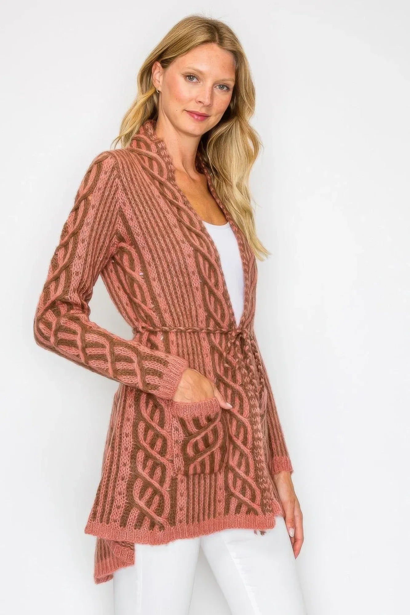 Open Wool Cardigan With Belt String & Front Pocket | Mixtshop LLC