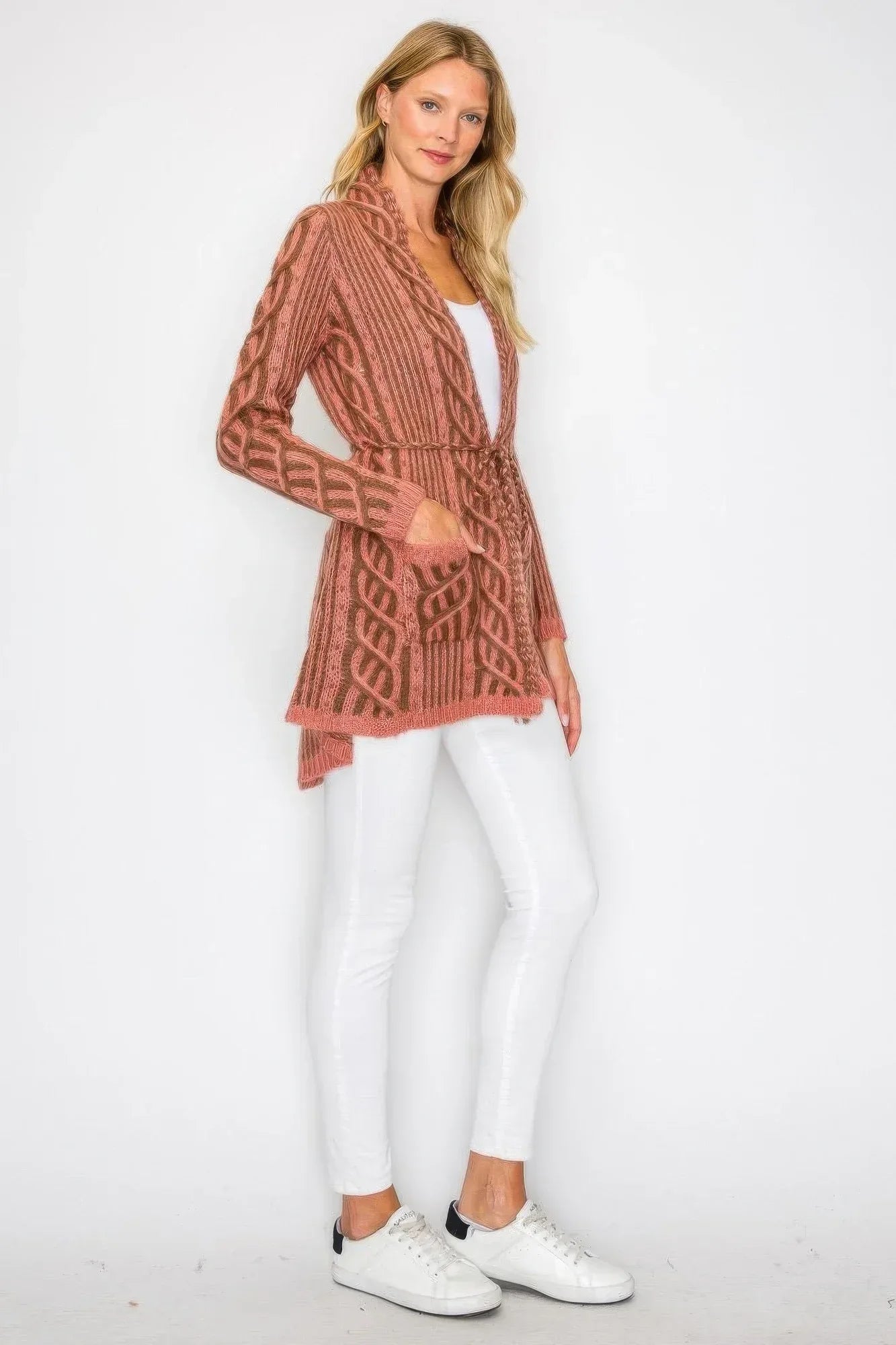 Open Wool Cardigan With Belt String & Front Pocket | Mixtshop LLC