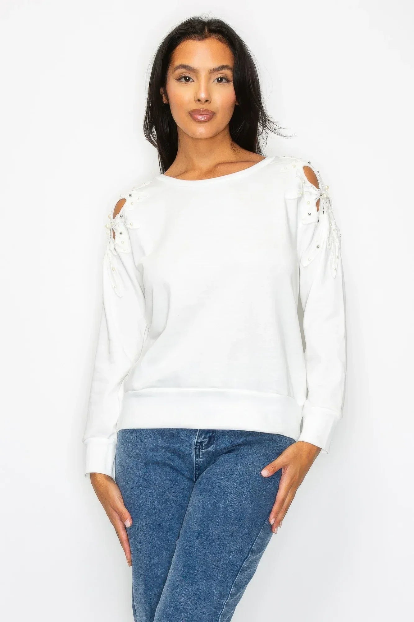 Solid Pear Bead Flower Patch Cut Out Sweatshirt | Mixtshop LLC Main image