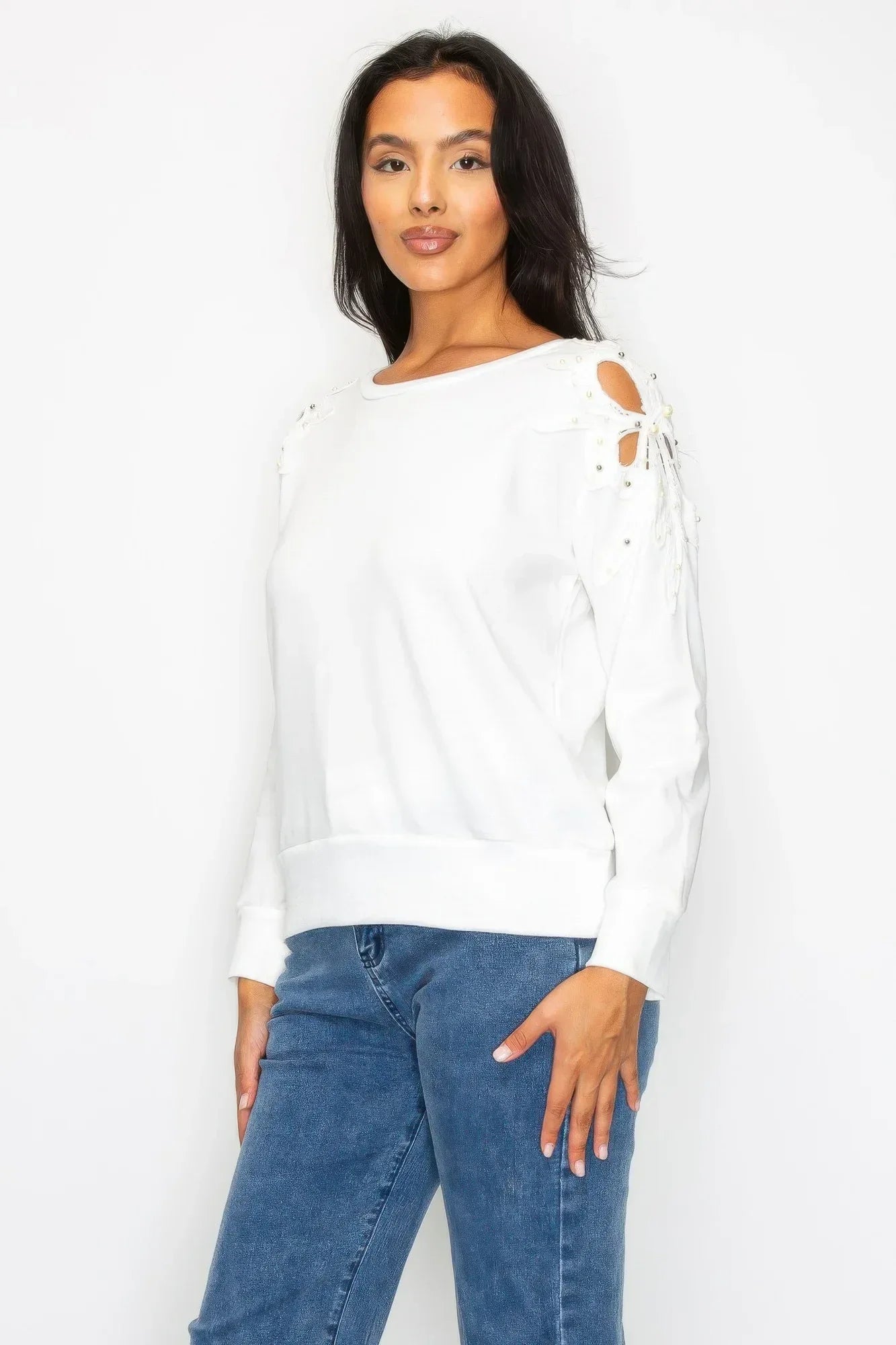 Solid Pear Bead Flower Patch Cut Out Sweatshirt | Mixtshop LLC