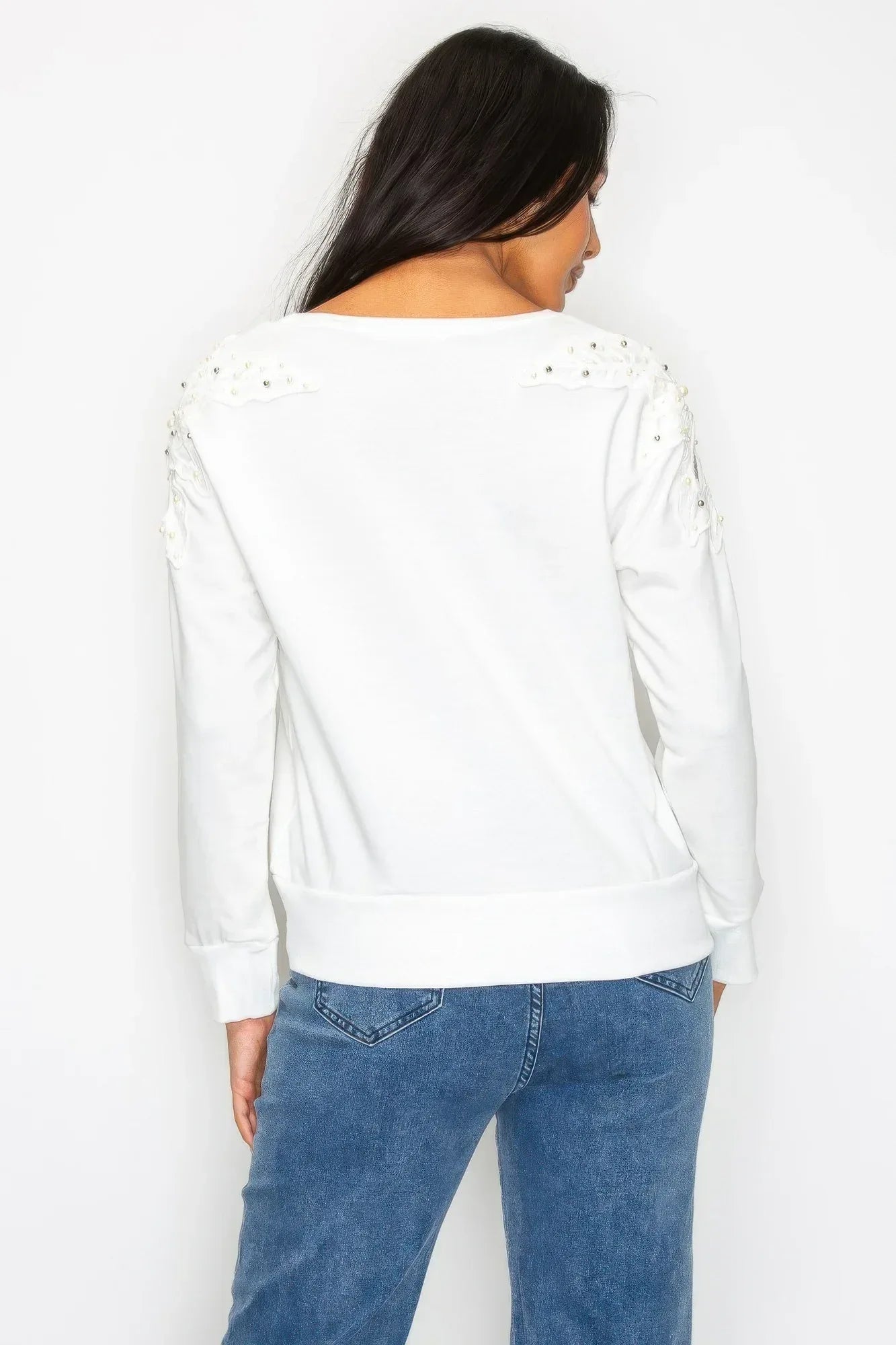 Solid Pear Bead Flower Patch Cut Out Sweatshirt | Mixtshop LLC