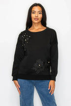 Faux Pearl Beaded Floral Patch Crewneck Sweatshirt | Mixtshop LLC