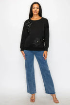 Faux Pearl Beaded Floral Patch Crewneck Sweatshirt | Mixtshop LLC