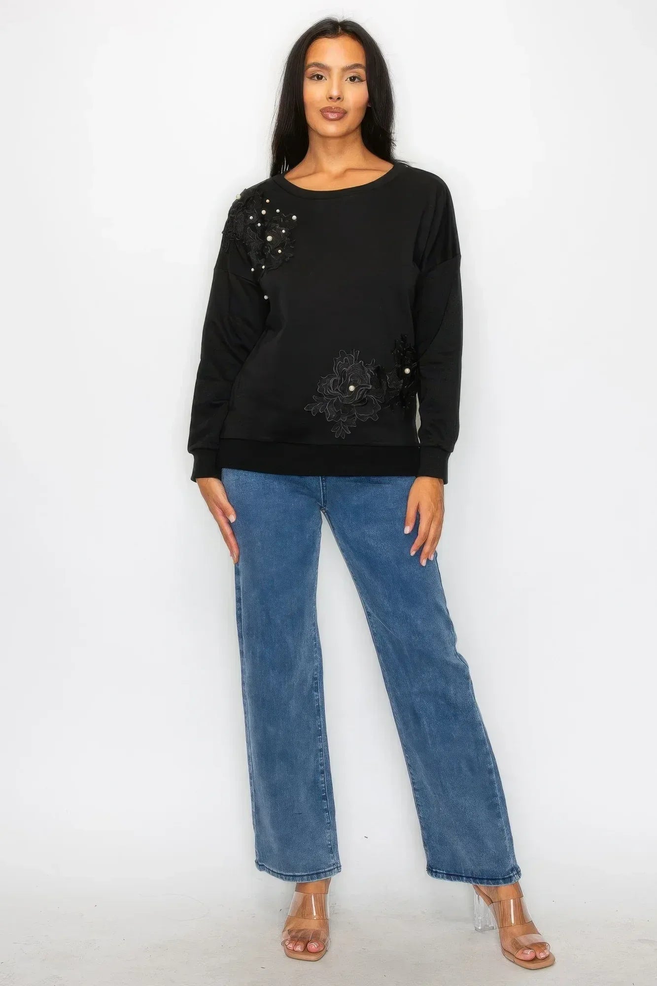 Faux Pearl Beaded Floral Patch Crewneck Sweatshirt | Mixtshop LLC