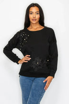 Faux Pearl Beaded Floral Patch Crewneck Sweatshirt | Mixtshop LLC