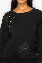Faux Pearl Beaded Floral Patch Crewneck Sweatshirt | Mixtshop LLC