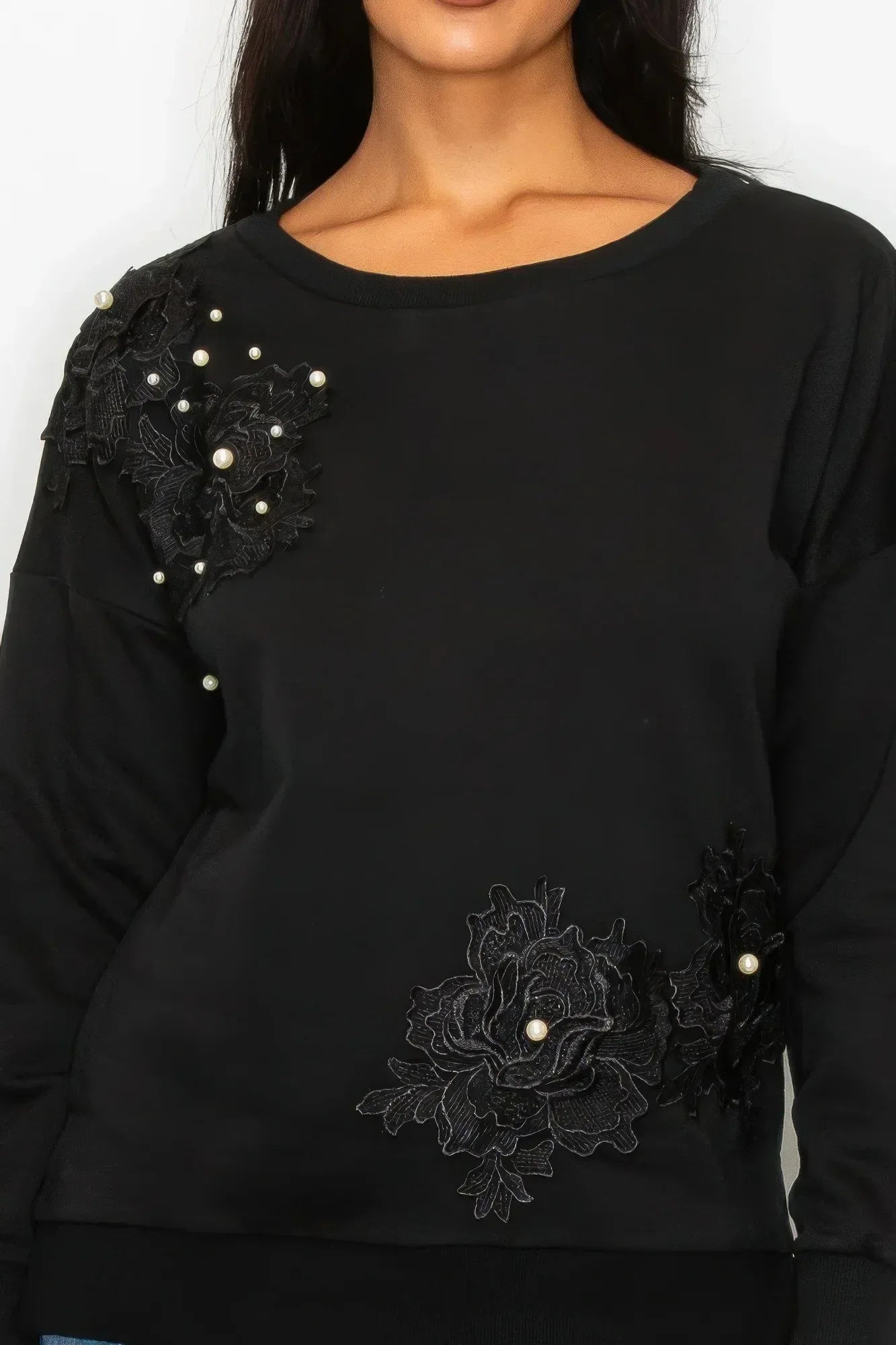Faux Pearl Beaded Floral Patch Crewneck Sweatshirt | Mixtshop LLC