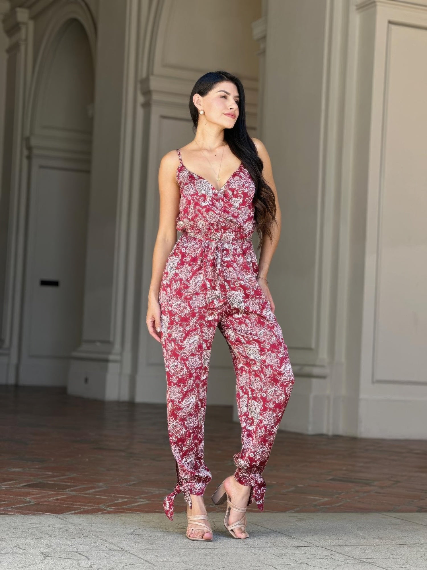 V Neck Sleeveless Paisley Jumpsuit With Tie Waist Secondary image