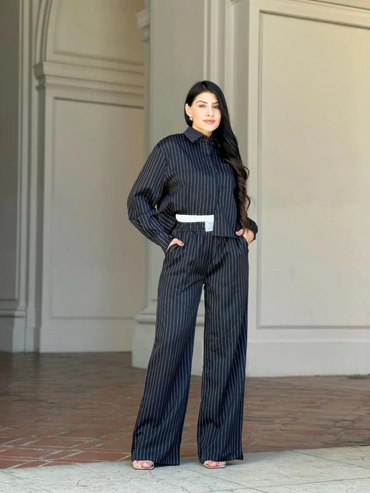 Striped Set With Double Waistband Pants And Top | Mixtshop LLC