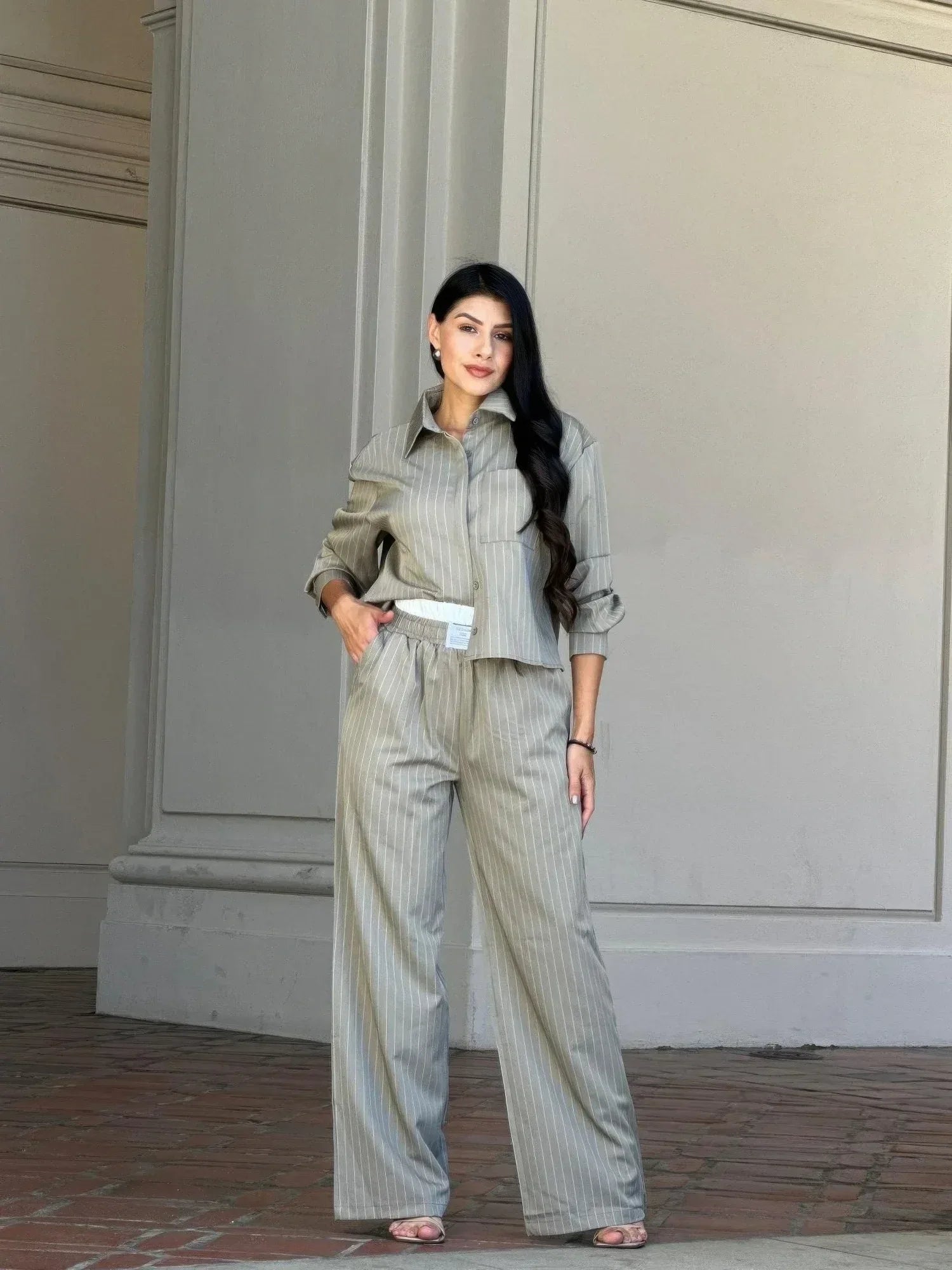 Striped Set With Double Waistband Pants And Top | Mixtshop LLC