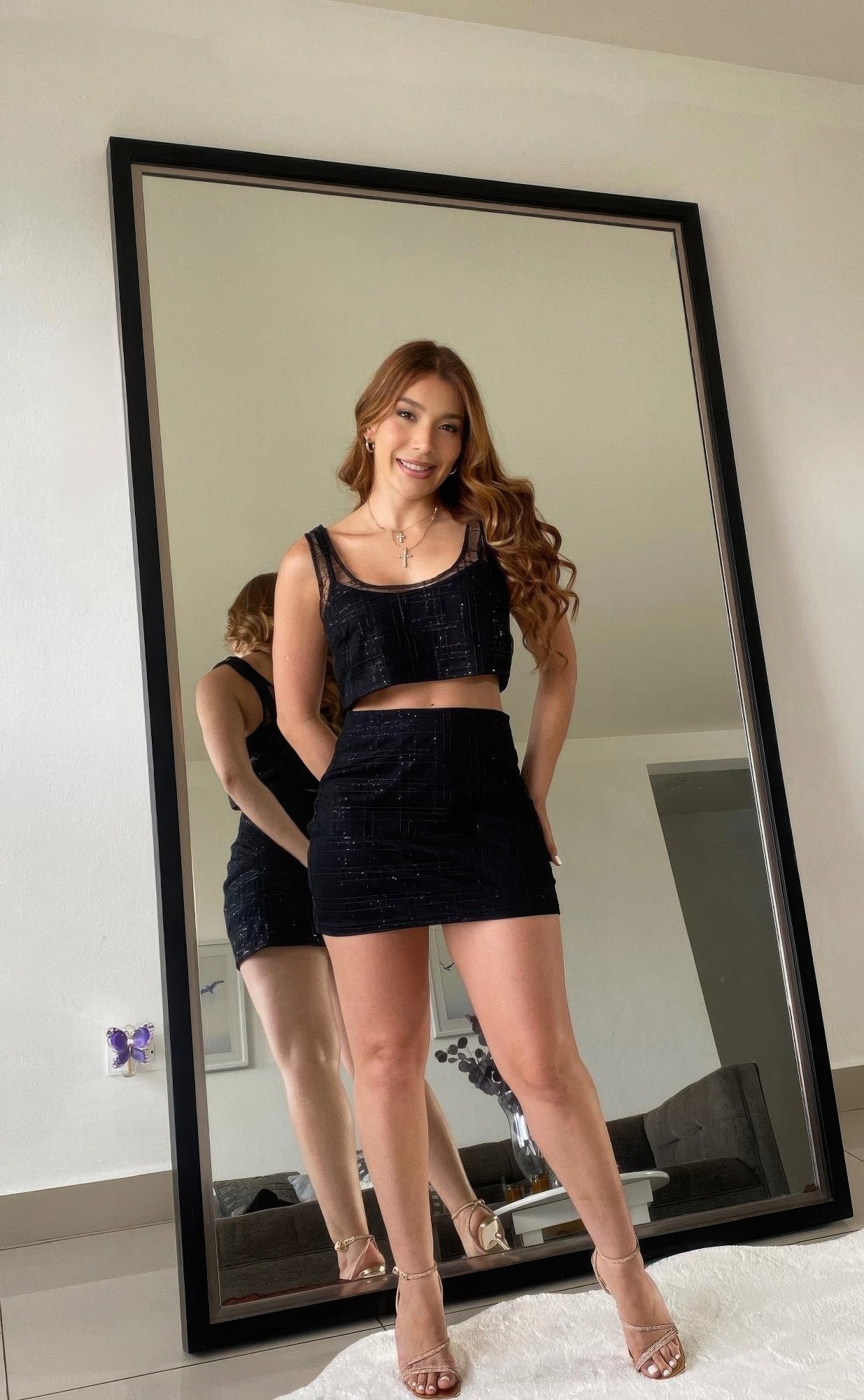 Black Sequin Detail Two Piece Set Crop And Skirt Secondary image