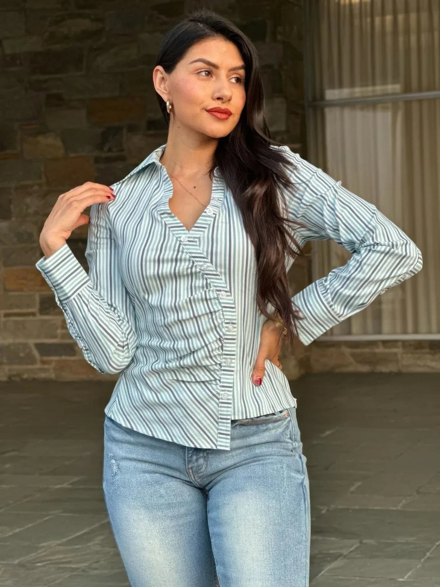 Stripe Asymmetric Button-down Detail Ls Blouse | Mixtshop LLC Main image