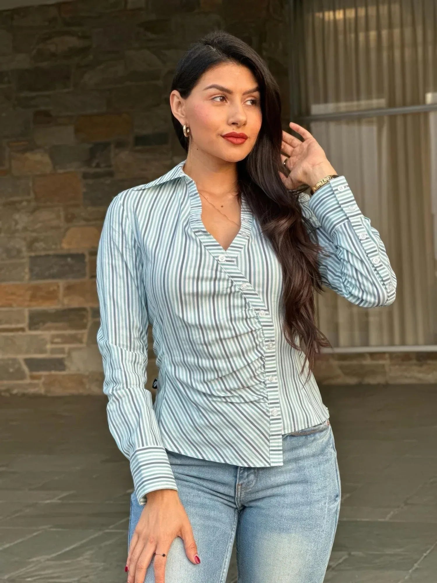 Stripe Asymmetric Button-down Detail Ls Blouse Secondary image