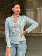 Stripe Asymmetric Button-down Detail Ls Blouse | Mixtshop LLC