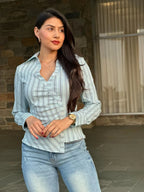 Stripe Asymmetric Button-down Detail Ls Blouse | Mixtshop LLC