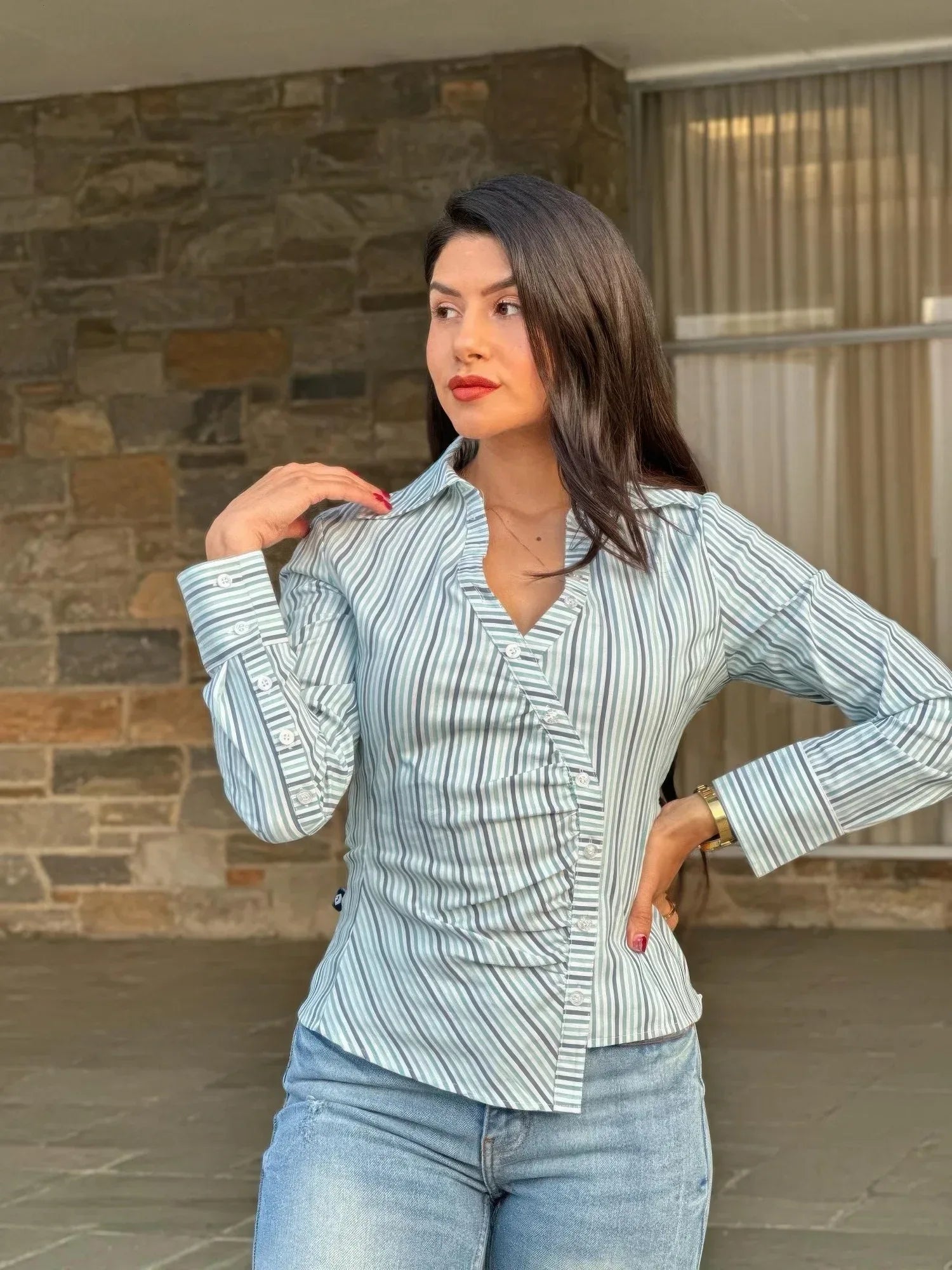 Stripe Asymmetric Button-down Detail Ls Blouse | Mixtshop LLC