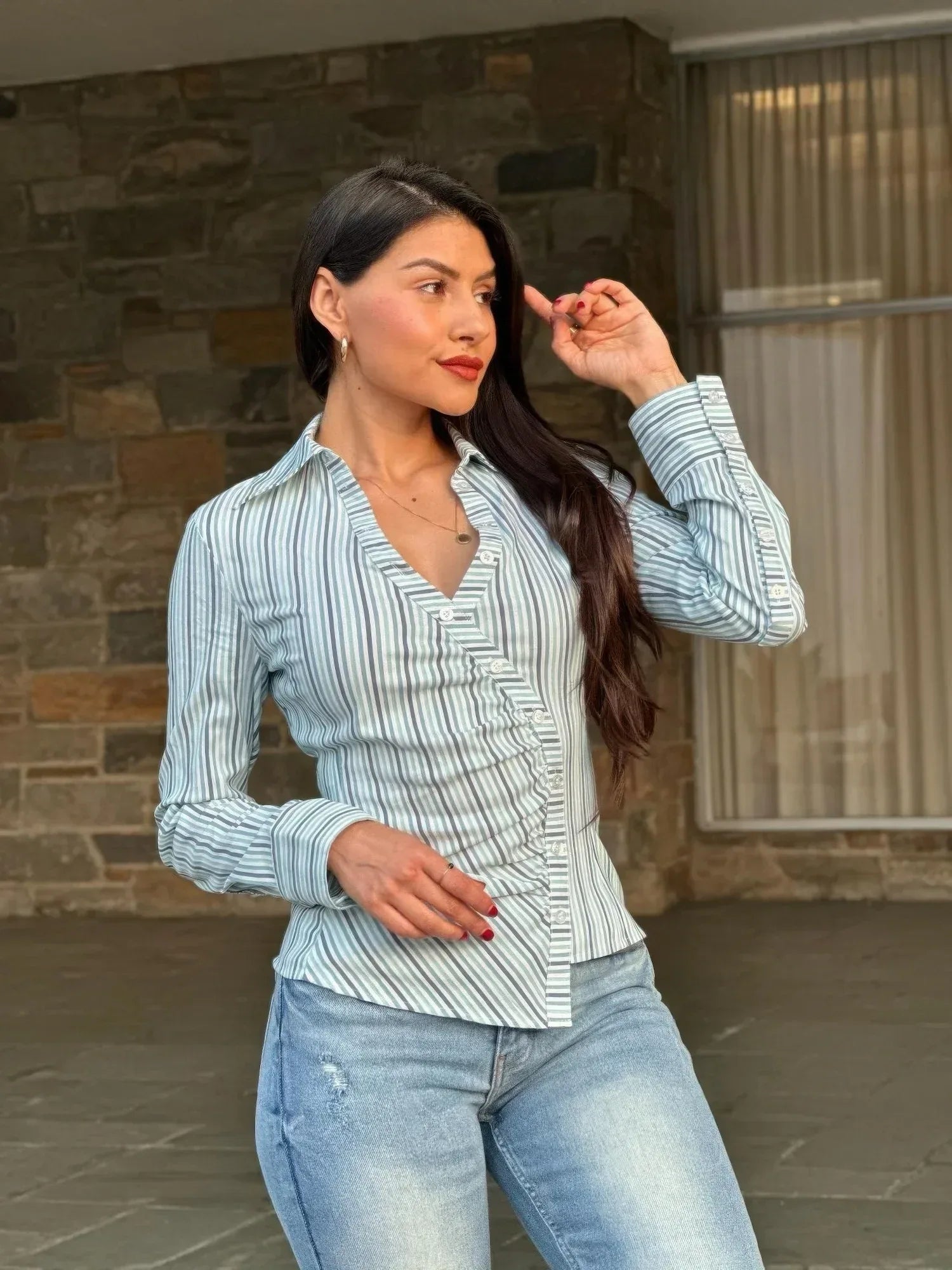 Stripe Asymmetric Button-down Detail Ls Blouse | Mixtshop LLC