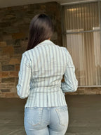 Stripe Asymmetric Button-down Detail Ls Blouse | Mixtshop LLC