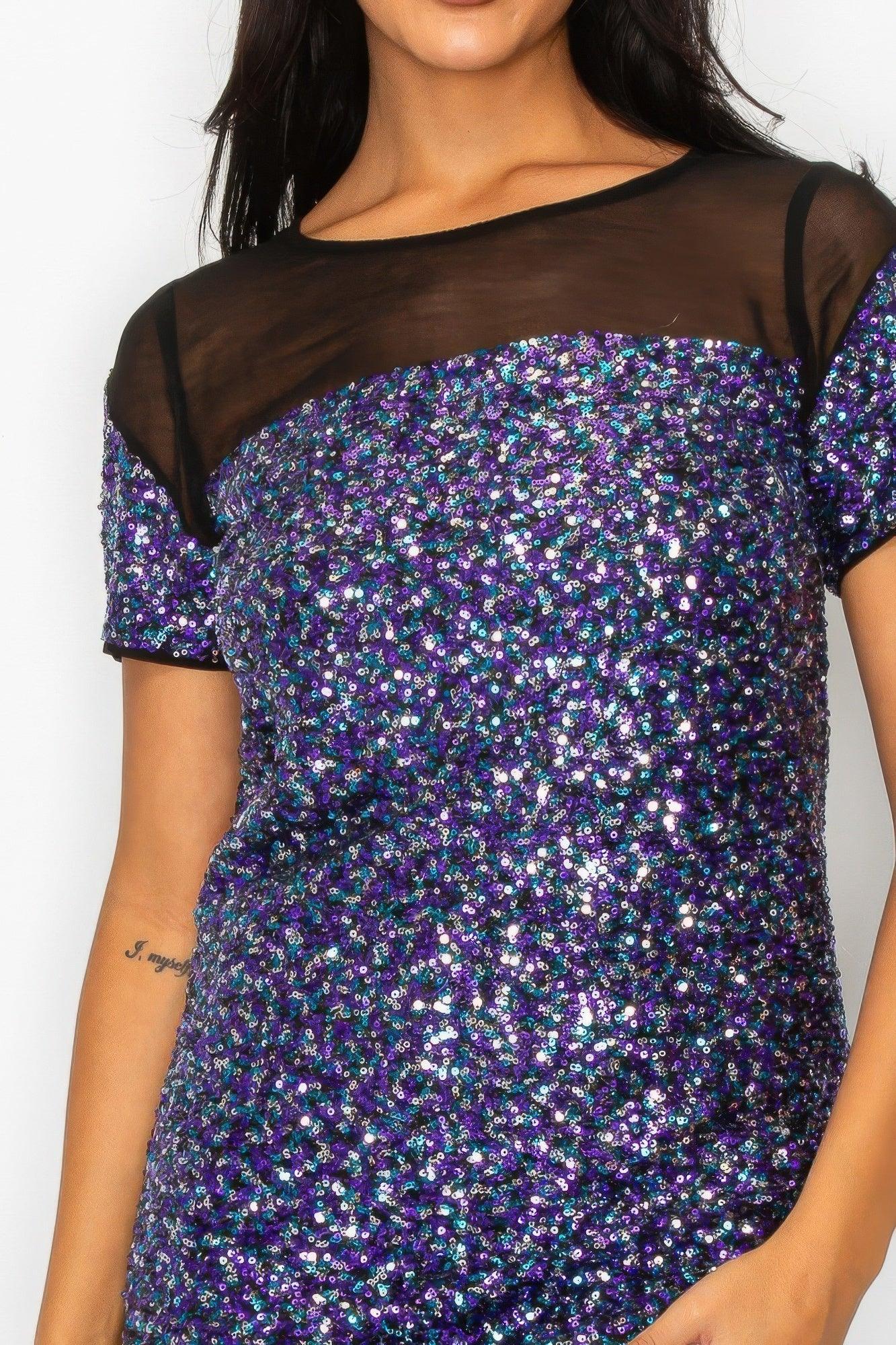 Sparkle Sequins & Mesh Cap Sleeve Mini Dress | Mixtshop LLC