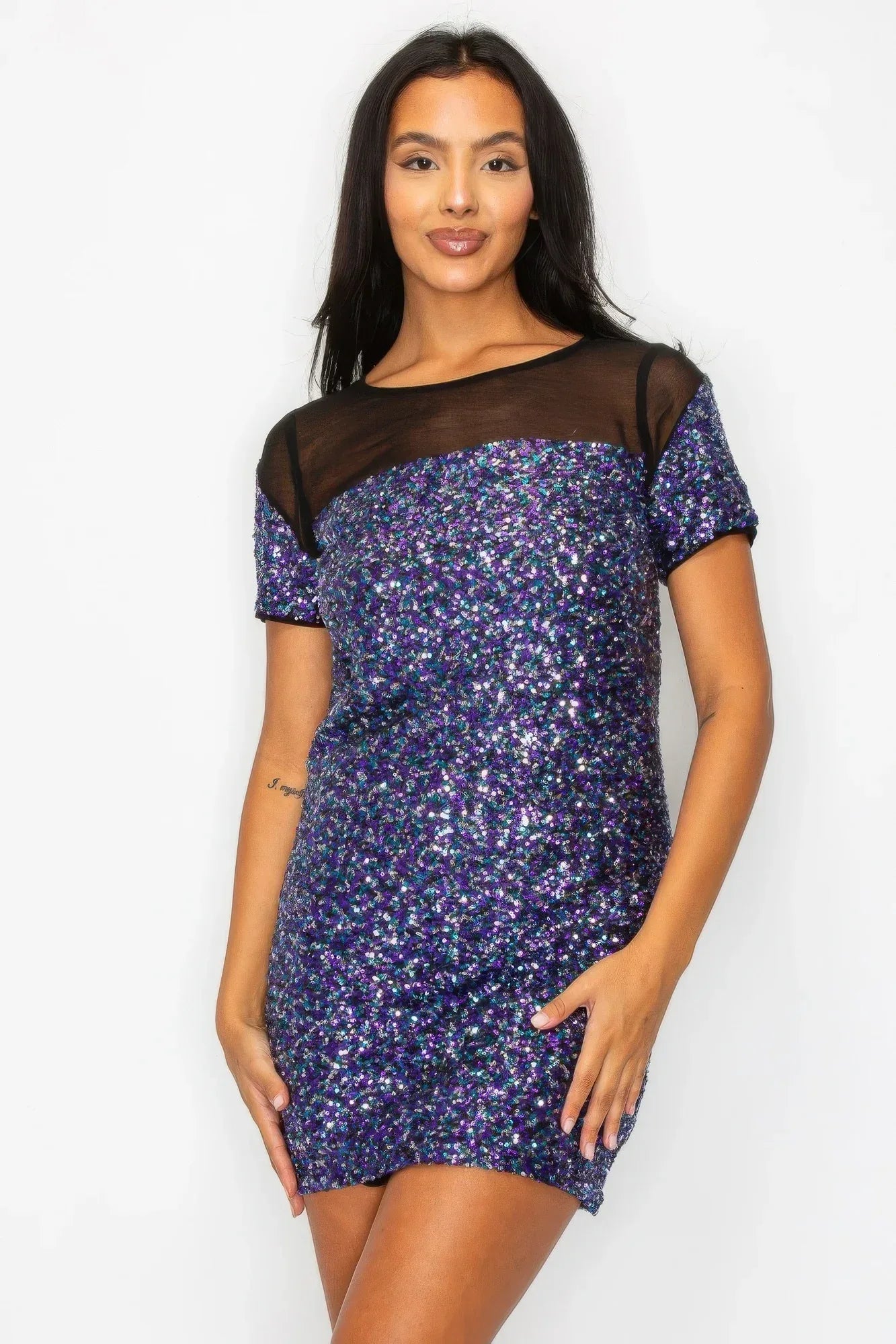 Sparkle Sequins & Mesh Cap Sleeve Mini Dress | Mixtshop LLC