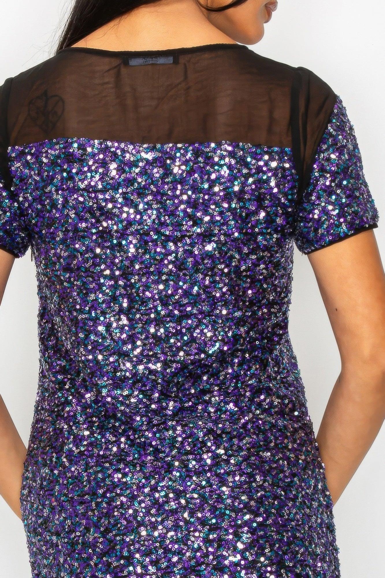 Sparkle Sequins & Mesh Cap Sleeve Mini Dress | Mixtshop LLC