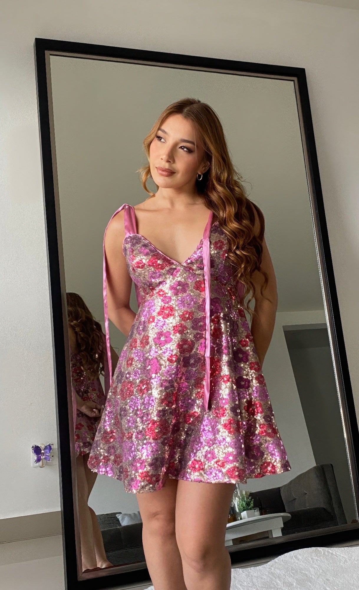 Women's Sequin Floral Mini Dress    Ties On Shoulders Secondary image