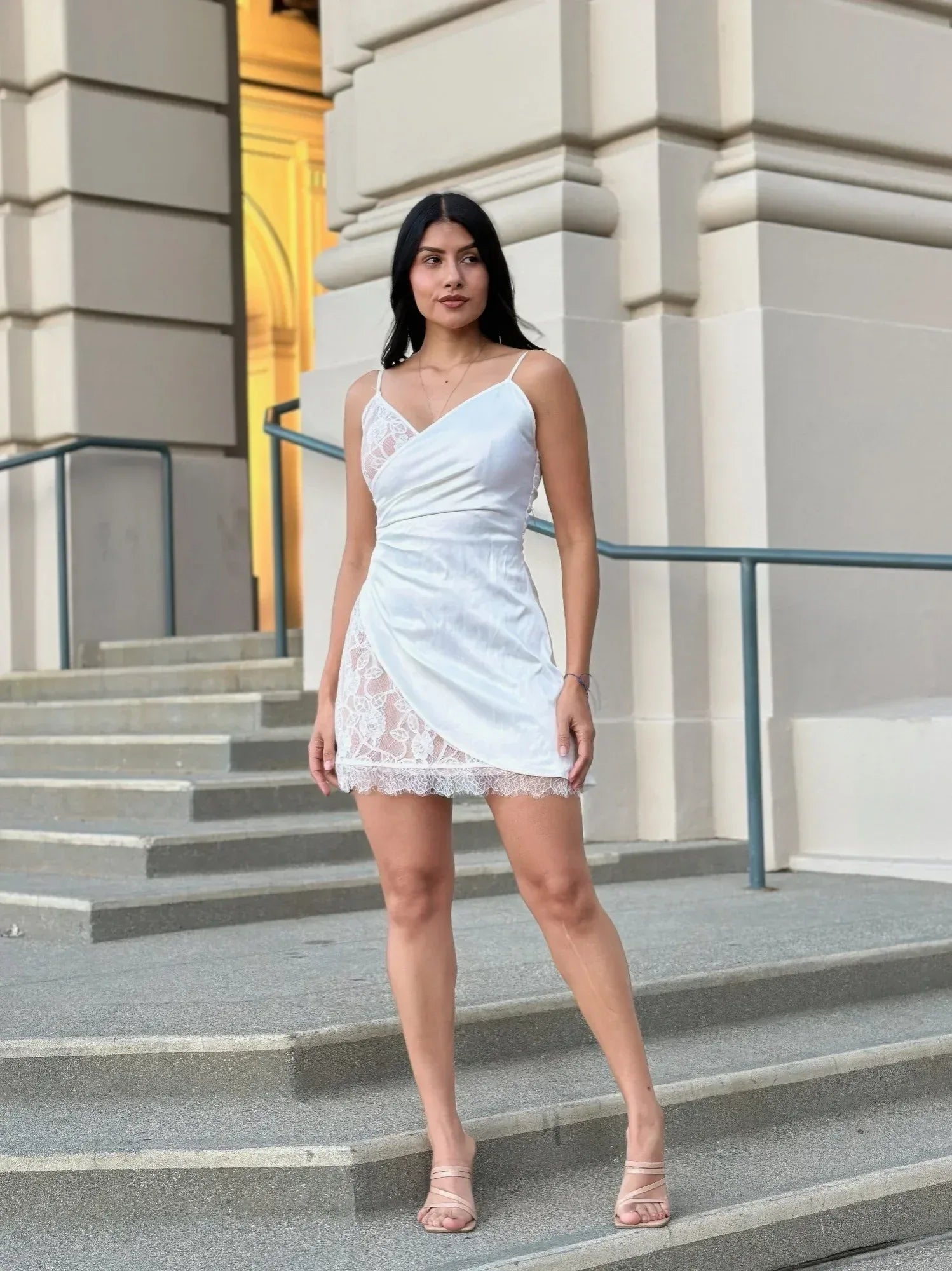 Sexy Party Satin Wrap Like & Lace Nude Mini Dress | Mixtshop LLC Main image